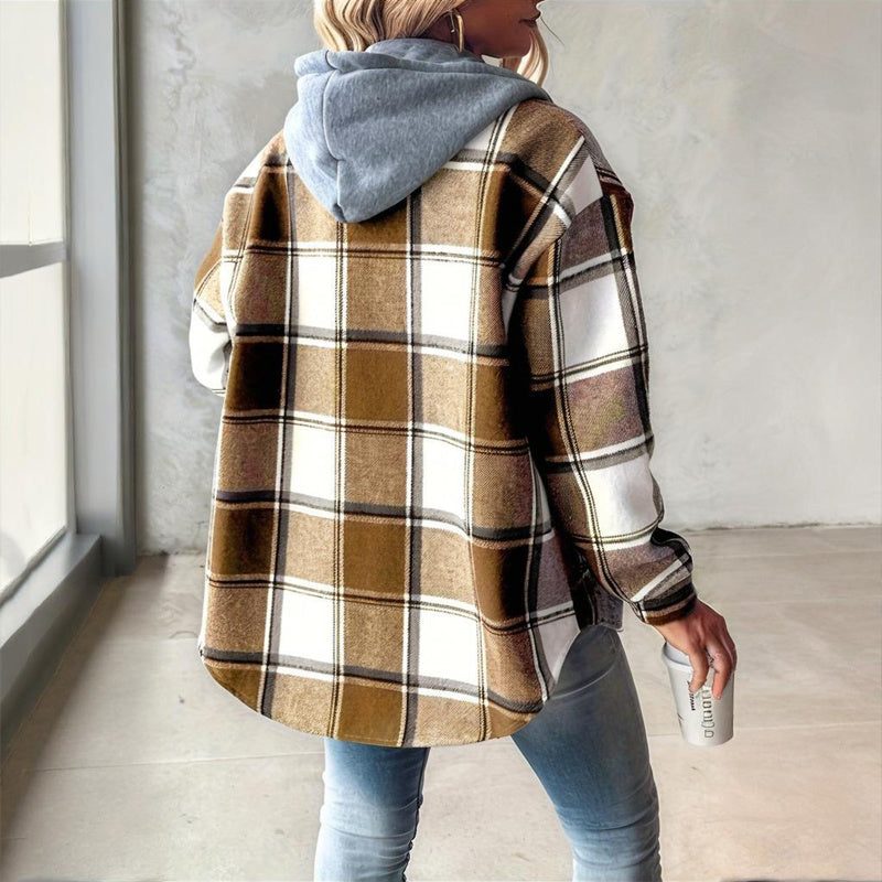 Women's Plaid Drawstring Hoodie Long Sleeve Shirt Button Front Casual Tops Spring&Fall Fashion Minimalist Style