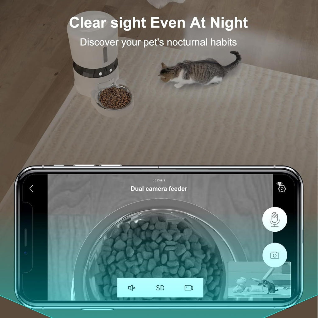 1080P HD Camera - Equipped Automatic Cat Feeder 4L Pet Timed Dog Feeding Dispenser With Freshness Preservation And Low - Food Sensor. Up To 10 Meals Per Day, Controlled By Smart APP