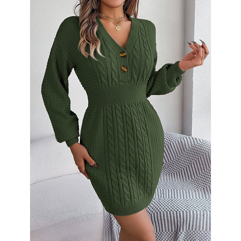 Women's Cable Knit Sweater Dress - V-Neck Button Front Lantern Sleeve Bodycon Mini Dress With Elastic Waist For Fall