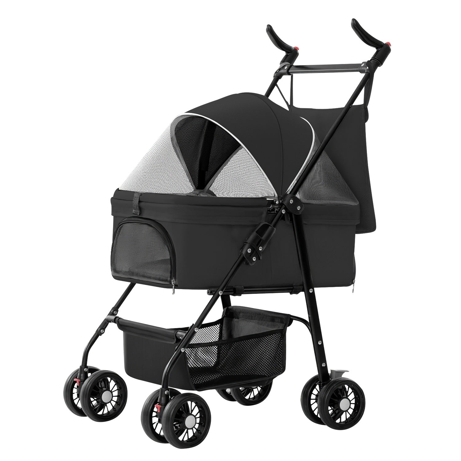 1Pc 4-Wheels Pet Stroller Foldable Carrier Strolling Cart Travel Jogger Pet Stroller With Removable Liner Storage Basket For Dog Cat