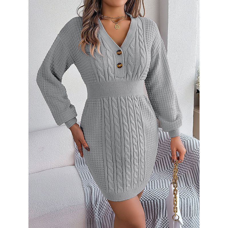 Women's Cable Knit Sweater Dress - V-Neck Button Front Lantern Sleeve Bodycon Mini Dress With Elastic Waist For Fall