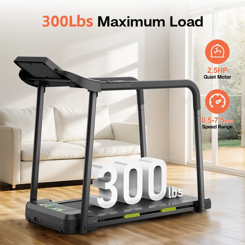 Walking Pad Treadmill For Senior, Foldable Exercise Treadmill With Stable And Safe Structural Design, Large LED Display For Elderly, Long Handrail For Balance, 300 Lbs Capacity